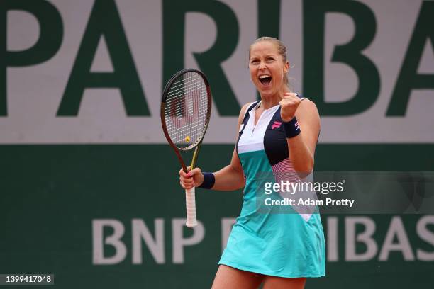 Shelby Rogers of USA celebrates match point against Danielle Collins of USA during the Women's singles Second Round on Day Five of the 2022 French...