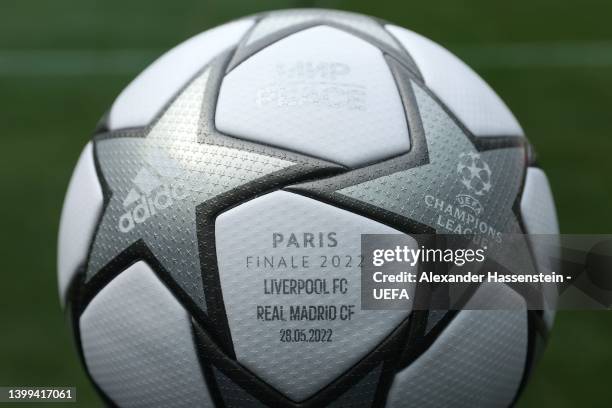 The matchball is displayed in front of the scoreboard ahead of the UEFA Champions League final match between Liverpool FC and Real Madrid at Stade de...