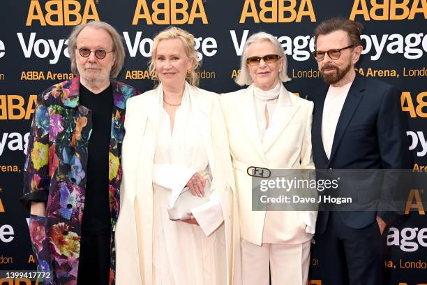 Benny Andersson, Agnetha Fältskog, Anni-Frid Lyngstad and Bjorn Ulvaeus of ABBA attend the first performance of ABBA "Voyage" at ABBA Arena on May...