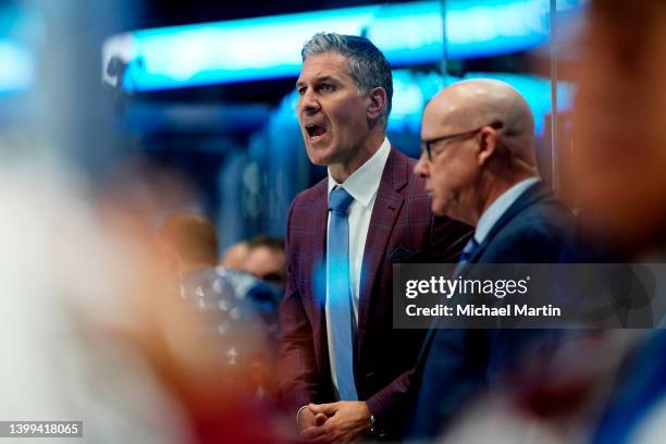Head coach Jared Bednar of the Colorado Avalanche directs his team against the St. Louis Blues in Game Five of the Second Round of the 2022 Stanley...