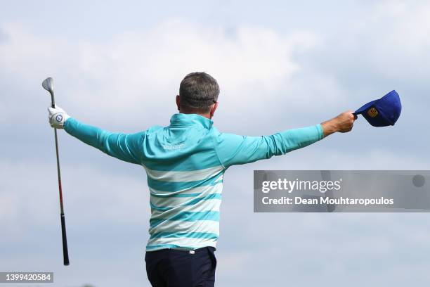 Mikko Korhonen of Finland celebrates making an eagle on the 18th hole during Day One of the Dutch Open at Bernardus Golf on May 26, 2022 in...