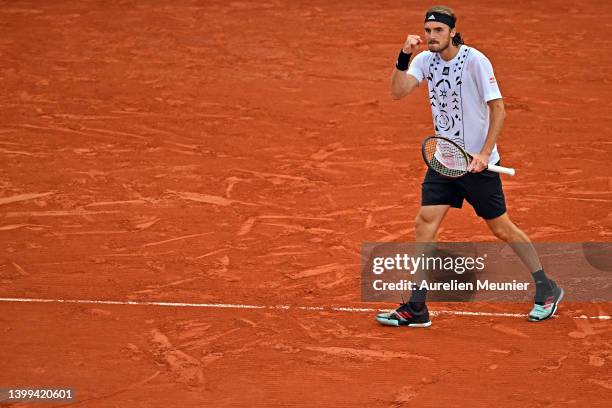 Stefanos Tsitsipas of Greece reacts during his Men's Singles Second Round match against Zdenek Kolar of Czech Republic on Day 5 of The 2022 French...