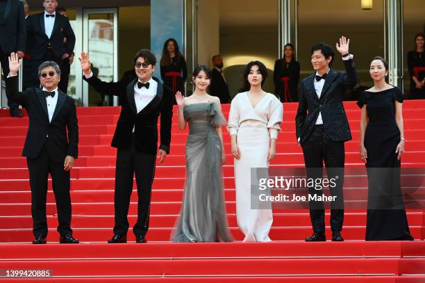 Hirokazu Koreeda, Song Kang-ho, Hee-jin Choi, Joo-Young Lee, Dong-won Gang and Bae Doona attend the screening of "Broker " during the 75th annual...