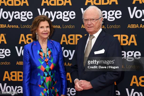 Carl XVI Gustaf, King of Sweden, and Queen Silvia of Sweden attends the first performance of ABBA "Voyage" at ABBA Arena on May 26, 2022 in London,...