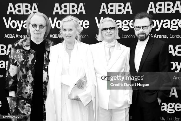 Benny Andersson, Agnetha Fältskog, Anni-Frid Lyngstad and Bjorn Ulvaeus of ABBA attend the first performance of ABBA "Voyage" at ABBA Arena on May...