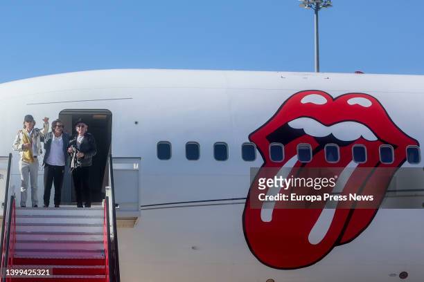 Mick Jagger, Ronnie Wood and Keith Richards of the Rolling Stones arrive at T4 of Adolfo Suarez Madrid-Barajas airport, on 26 May, 2022 in Madrid,...