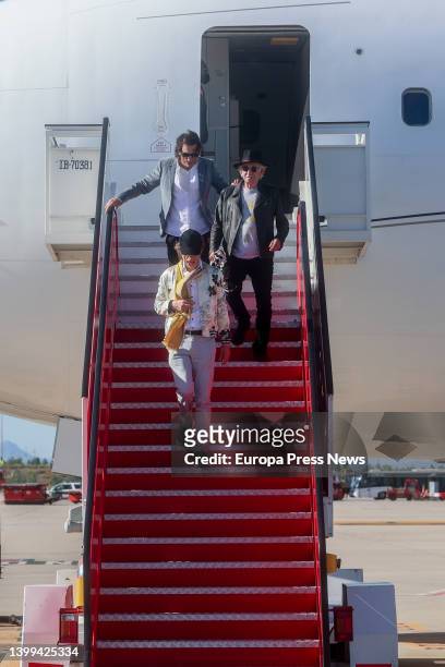 Mick Jagger, Ronnie Wood and Keith Richards of the Rolling Stones arrive at T4 of Adolfo Suarez Madrid-Barajas airport, on 26 May, 2022 in Madrid,...