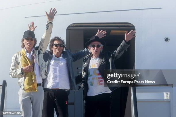 Mick Jagger, Ronnie Wood and Keith Richards of the Rolling Stones arrive at T4 of Adolfo Suarez Madrid-Barajas airport, on 26 May, 2022 in Madrid,...