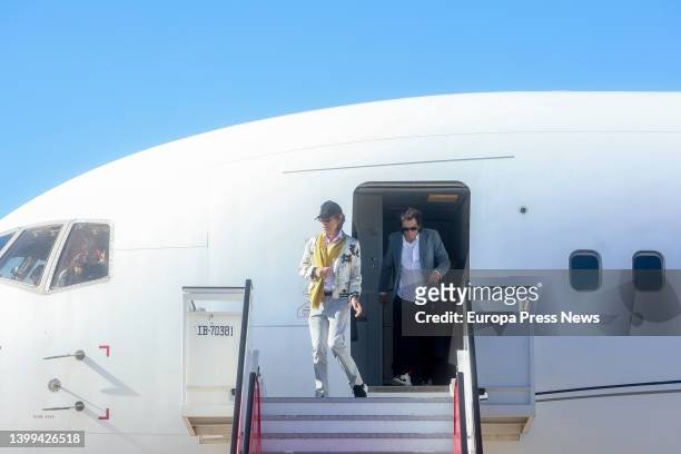 Mick Jagger and Ronnie Wood of the Rolling Stones arrive at T4 of Adolfo Suarez Madrid-Barajas airport, on 26 May, 2022 in Madrid, Spain. The Rolling...
