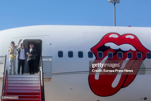 Mick Jagger, Ronnie Wood and Keith Richards of the Rolling Stones arrive at T4 of Adolfo Suarez Madrid-Barajas airport, on 26 May, 2022 in Madrid,...