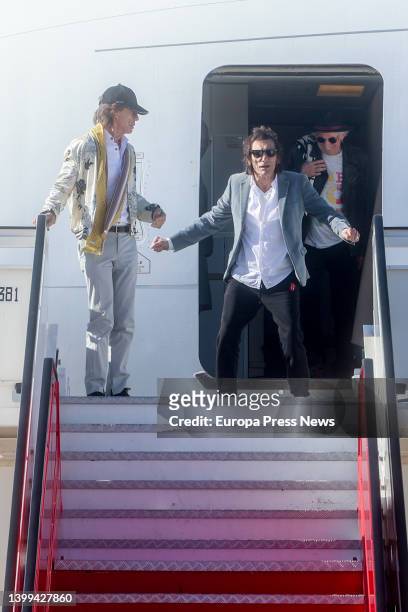 Mick Jagger, Ronnie Wood and Keith Richards from the rock band The Rolling Stones arrive at T4 of Adolfo Suarez Madrid-Barajas airport, on 26 May,...
