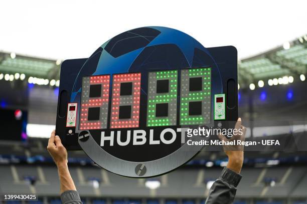 The match official's substitution board is seen ahead of the 2022 UEFA Champions League Final on May 26, 2022 in Paris, France.