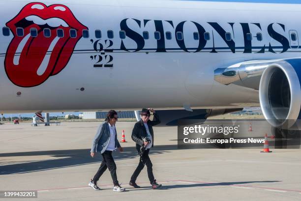 Ronnie Wood and Keith Richards of The Rolling Stones arrive at T4 of Adolfo Suarez Madrid-Barajas airport, on 26 May, 2022 in Madrid, Spain. The...