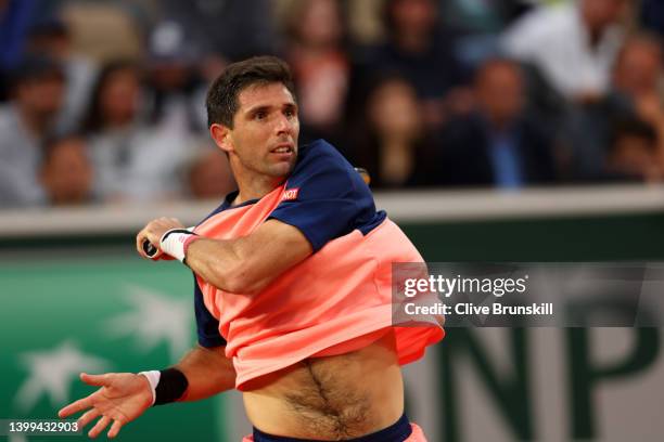 Federico Delbonis of Argentina plays a forehand against Andrey Rublev during the Men's singles Second Round on Day Five of the 2022 French Open at...