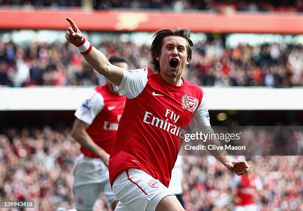 Tomas Rosicky of Arsenal celebrates his goal during the Barclays Premier League match between Arsenal and Tottenham Hotspur at Emirates Stadium on...