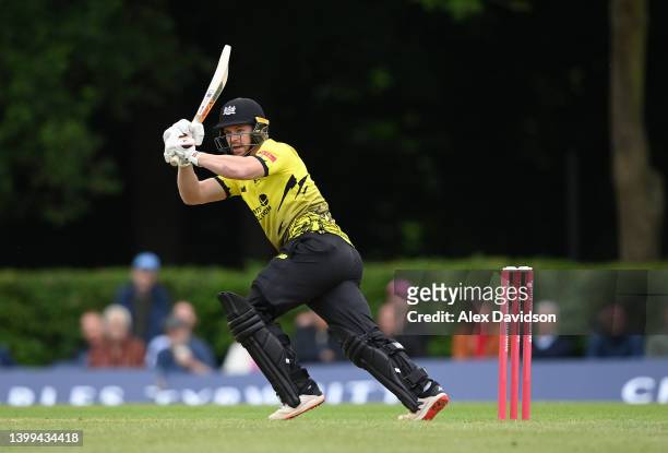 Glenn Phillips of Gloucestershire hits runs during the Vitality T20 Blast match between Middlesex and Gloucestershire at Radlett Cricket Club on May...