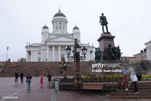 Helsinki Cathedral looms above a statue of Russian Emperor Alexander II on May 26, 2022 in Helsinki, Finland. Finland is facing a variety of...