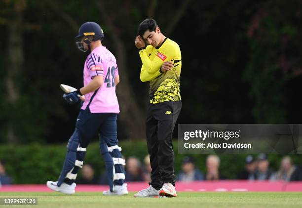 Naseem Shah of Gloucestershire reacts during the Vitality T20 Blast match between Middlesex and Gloucestershire at Radlett Cricket Club on May 26,...