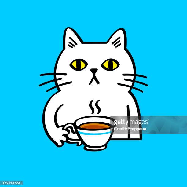 white cat drinking tea - cartoon drinking stock illustrations