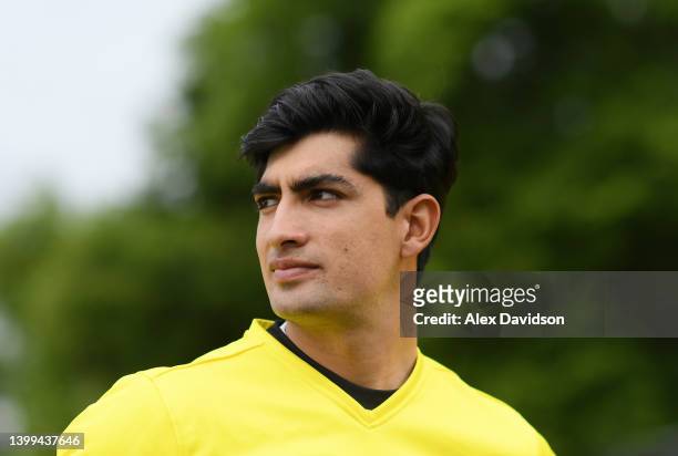 Naseem Shah of Gloucestershire looks on during the Vitality T20 Blast match between Middlesex and Gloucestershire at Radlett Cricket Club on May 26,...