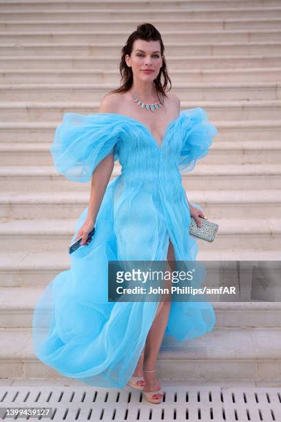 Milla Jovovich poses during the amfAR Cannes Gala 2022 at Hotel du Cap-Eden-Roc on May 26, 2022 in Cap d'Antibes, France.