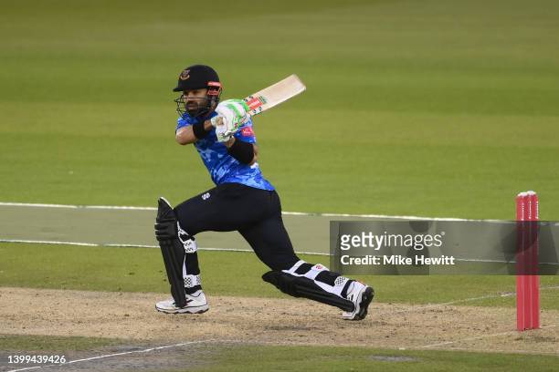 Mohammad Rizwan of Sussex Sharks hits out during the Vitality T20 Blast match between Sussex Sharks and Glamorgan at The 1st Central County Ground on...