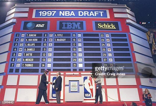 Tracy McGrady of the Toronto Raptors shakes hands with NBA Commissioner David Stern during the NBA Draft at the Charlotte Coliseum in Charlotte,...