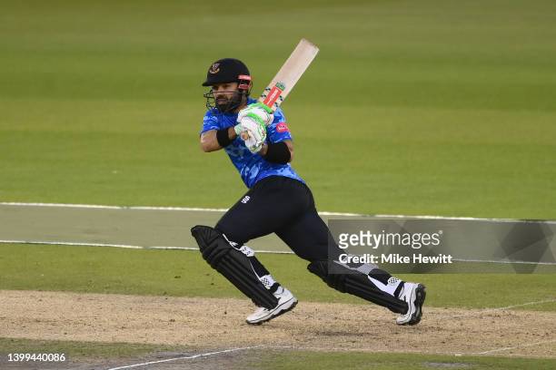 Mohammad Rizwan of Sussex Sharks hits out during the Vitality T20 Blast match between Sussex Sharks and Glamorgan at The 1st Central County Ground on...
