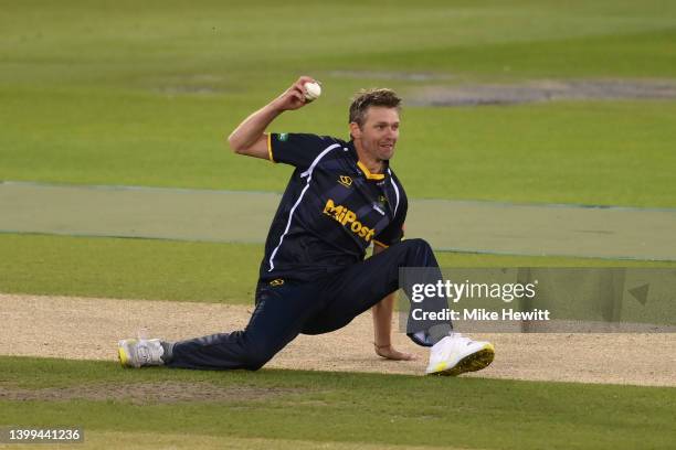 Michael Hogan of Glamorgan slips while fielding during the Vitality T20 Blast match between Sussex Sharks and Glamorgan at The 1st Central County...
