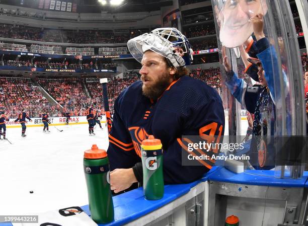 May 24: Mike Smith of the Edmonton Oilers takes break during the pre-game skate before Game Four of the Second Round of the 2022 Stanley Cup Playoffs...