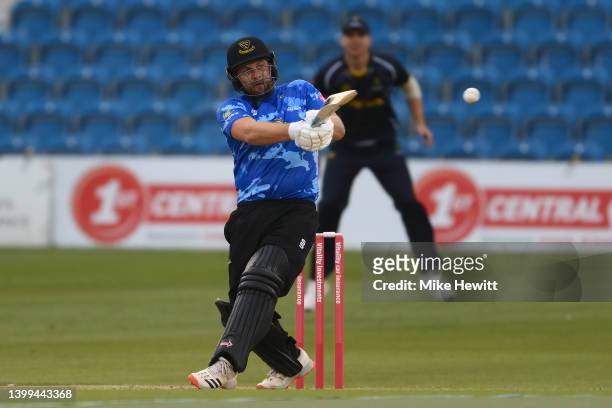 Luke Wright of Sussex Sharks hits a boundary during the Vitality T20 Blast match between Sussex Sharks and Glamorgan at The 1st Central County Ground...