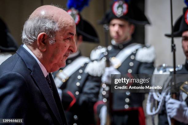 Algerian President Abdelmadjid Tebboune meets Italian Prime Minister Mario Draghi before their meeting at Palazzo Chigi, on May 26, 2022 in Rome,...