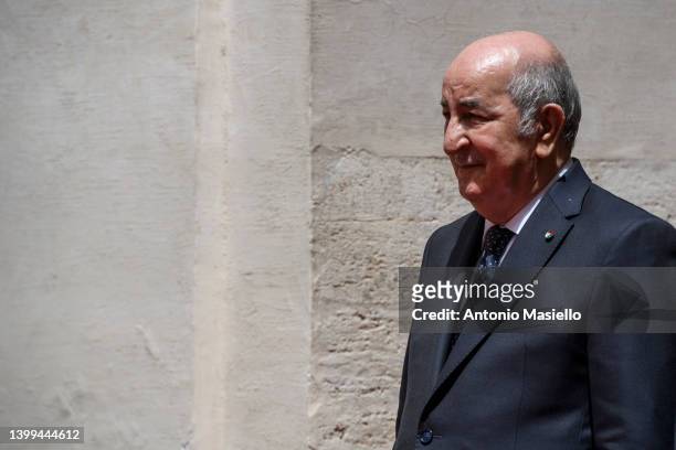 Algerian President Abdelmadjid Tebboune meets Italian Prime Minister Mario Draghi before their meeting at Palazzo Chigi, on May 26, 2022 in Rome,...