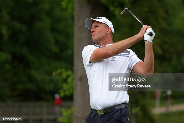Robert Karlsson of Sweden hits his tee shot on the 11th hole during the first round of the Senior PGA Championship presented by KitchenAid at Harbor...