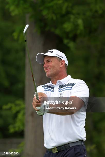 Robert Karlsson of Sweden hits his tee shot on the 11th hole during the first round of the Senior PGA Championship presented by KitchenAid at Harbor...