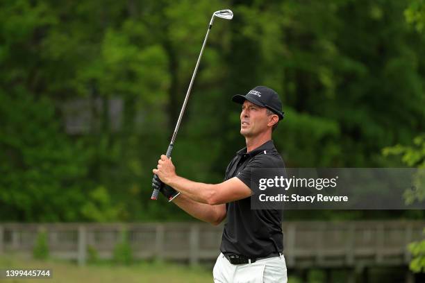 Mike Weir of Canada hits his tee shot on the 11th hole during the first round of the Senior PGA Championship presented by KitchenAid at Harbor Shores...