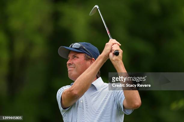 Stephen Ames of Canada hits his tee shot on the 11th hole during the first round of the Senior PGA Championship presented by KitchenAid at Harbor...