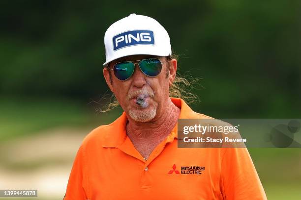 Miguel Angel Jimenez of Spain walks to the 11th tee during the first round of the Senior PGA Championship presented by KitchenAid at Harbor Shores...