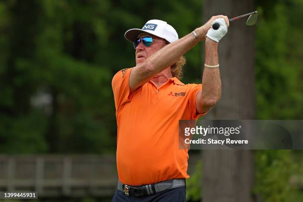 Miguel Angel Jimenez of Spain hits his tee shot on the 11th tee during the first round of the Senior PGA Championship presented by KitchenAid at...