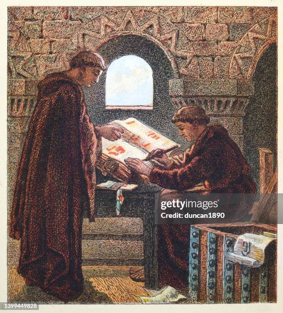 ilustraciones, imágenes clip art, dibujos animados e iconos de stock de dos monjes escribiendo el domesday book, 11th century british history - scribe