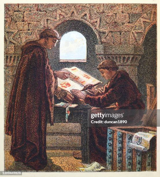 ilustrações de stock, clip art, desenhos animados e ícones de two monks writing the domesday book, 11th century british history - monk