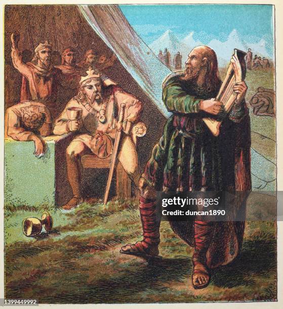 stockillustraties, clipart, cartoons en iconen met legend of king alfred the great disguised a a harper spying on danish camp - anglo saxon