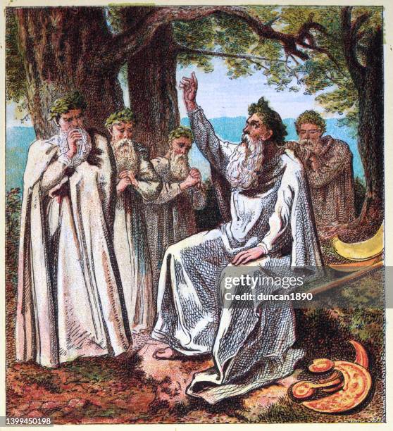 council of druids, pagan, celtic religion, ancient british history - celtic druids stock illustrations
