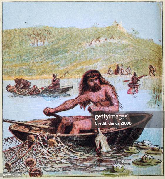 illustrazioni stock, clip art, cartoni animati e icone di tendenza di antico pescatore britannico che pesca da una barca coracle, tatuaggio, rete, storia britannica antica - cave man