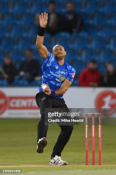 Tymal Mills of Sussex Sharks in action during the Vitality T20 Blast match between Sussex Sharks and Glamorgan at The 1st Central County Ground on...