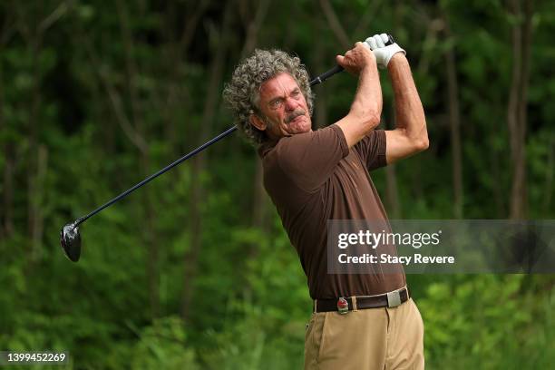 Jesper Parnevik of Sweden hits his tee shot on the 15th hole during the first round of the Senior PGA Championship presented by KitchenAid at Harbor...