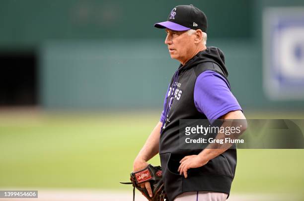 Manager Bud Black of the Colorado Rockies watches batting practice before the game against the Washington Nationals at Nationals Park on May 26, 2022...