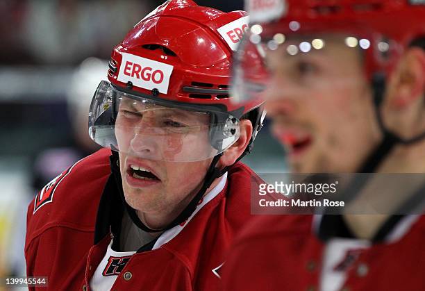 Andreas Morczinietz of Hannover reacts during the DEL match between Hannover Scorpions and DEG Metro Stars at TUI Arena on February 26, 2012 in...