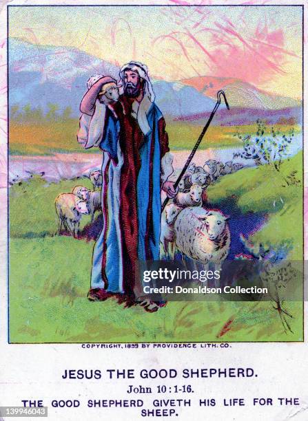 Colorfully illustrated temperance bible study card from circa 1900 reads, "Jesus The Good Shepherd. John 10:1-16. The good shepherd giveth his life...