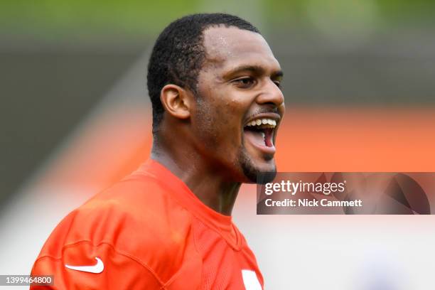 Deshaun Watson of the Cleveland Browns reacts during Browns OTAs at CrossCountry Mortgage Campus on May 25, 2022 in Berea, Ohio.